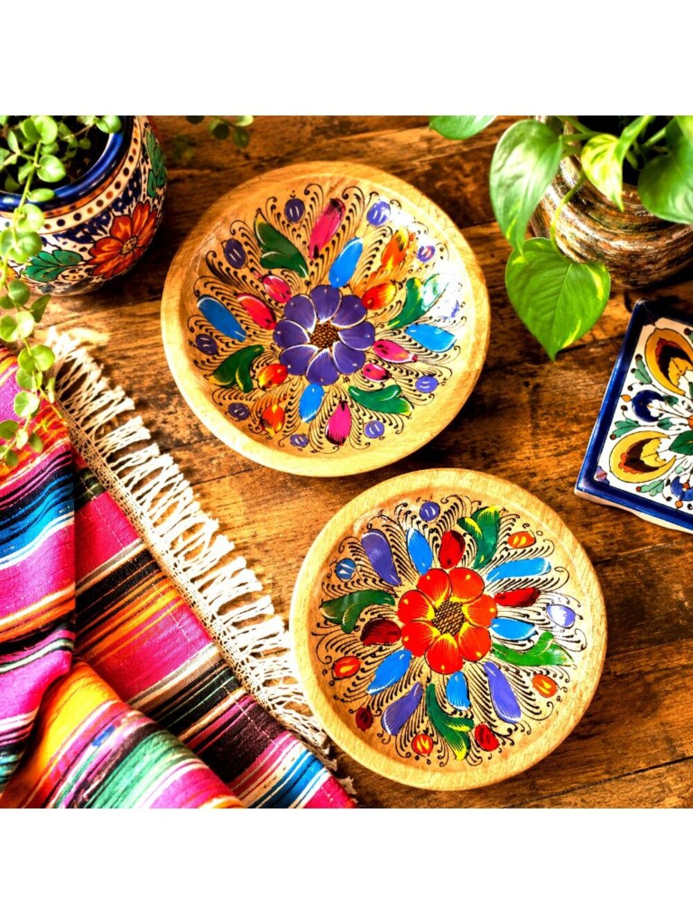 Vintage Wooden Hand Painted Mexican Folk Art Bowls Los Algodones Mexico Set of 2
